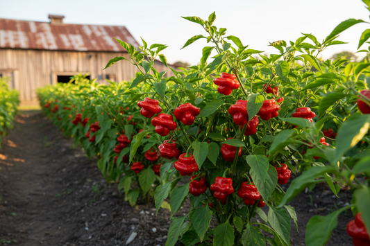 Jamaican Red Scotch Bonnet farm field with rustic barn in the background