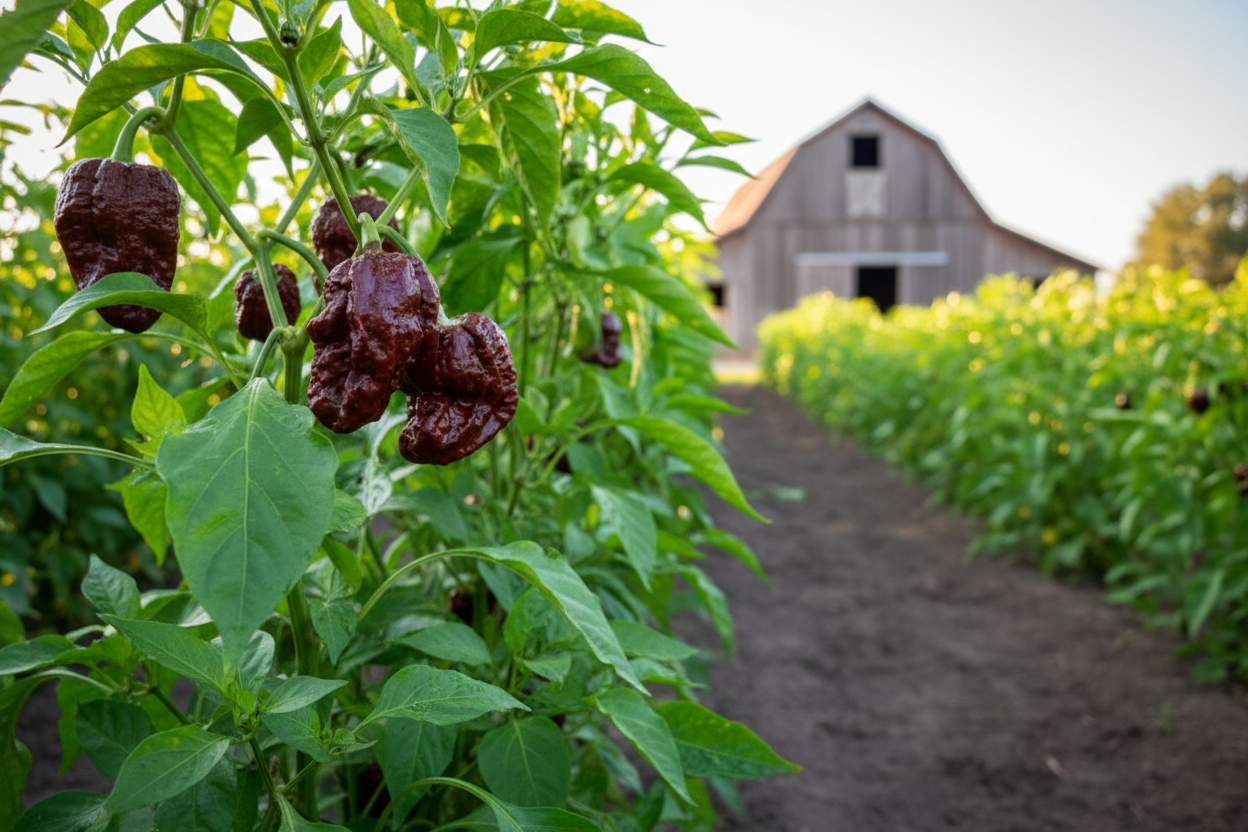 7 Pot Douglah Pepper farm field with rustic barn in the background