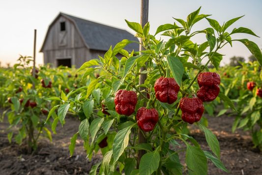 7 Pot Red Brain Strain farm field with rustic barn in the background