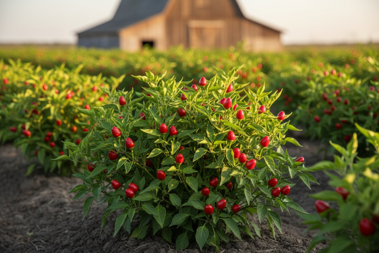 Chiltepin Pepper Field Shot farm field with rustic barn in the background