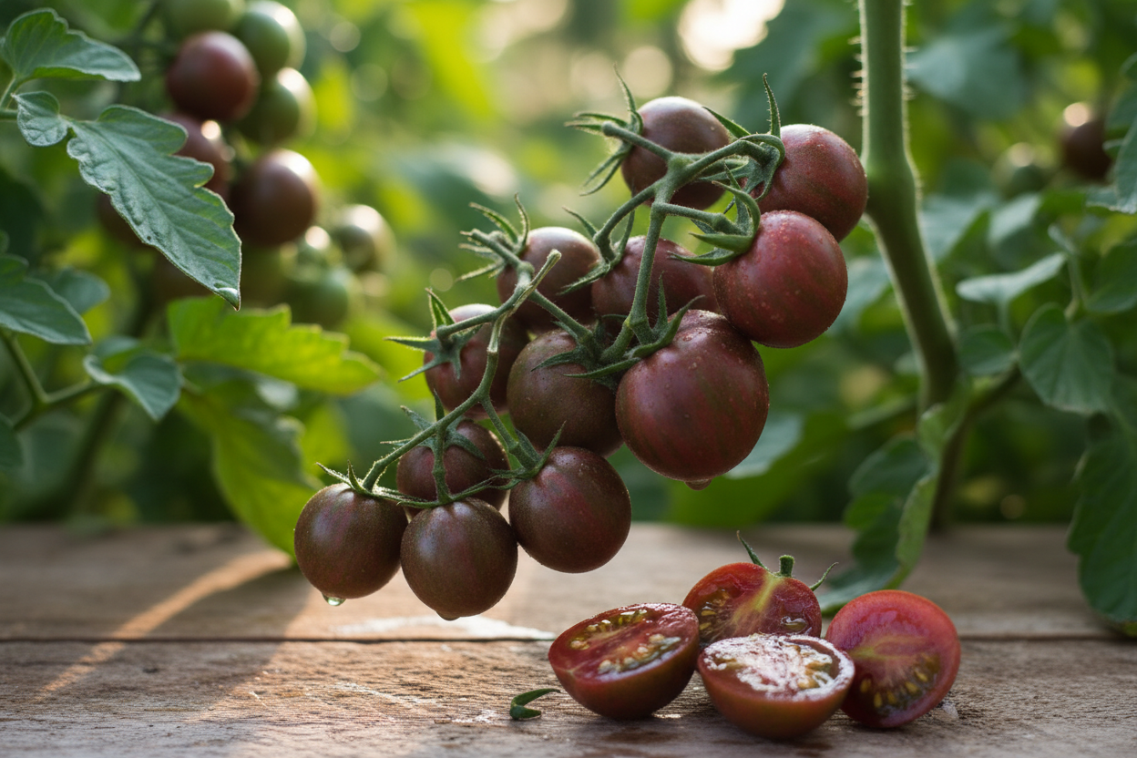 20 - Fresh Heirloom Harvest of Organic Purple Bumble Bee Cherry Tomato Seeds