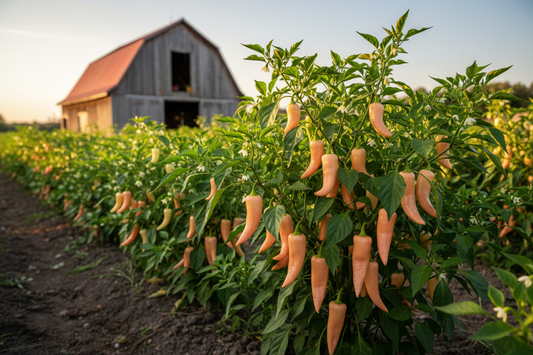 Aji Sugar Rush Peach Pepper farm field with rustic barn in the background