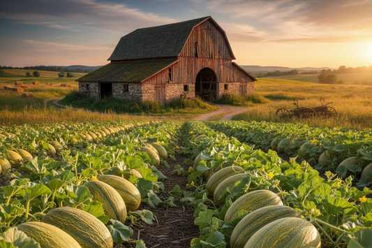 Crenshaw Melon farm field with rustic barn in the background
