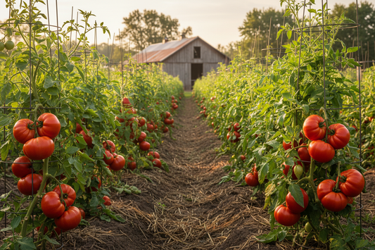 Beefsteak Red Tomato farm field with rustic barn in the background