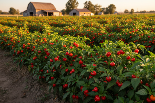 Biquinho Red Pepper farm field with rustic barn in the background