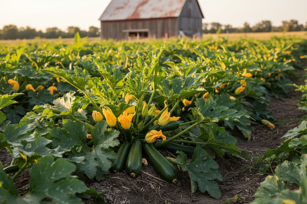 Black Beauty Squash farm field with rustic barn in the backgroundt