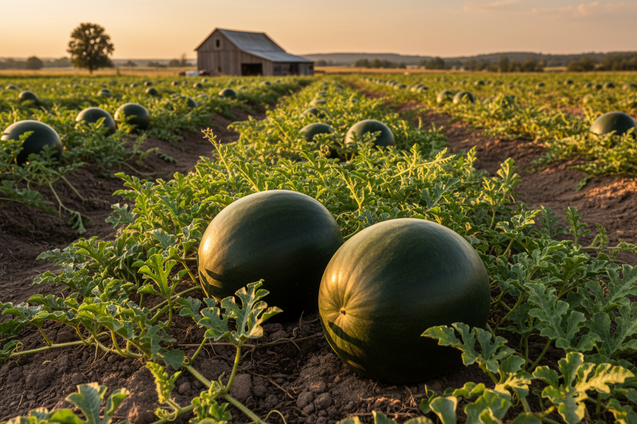 Black Diamond Watermelon farm field with rustic barn in the background
