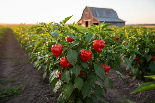 Carolina Reaper farm field with rustic barn in the background
