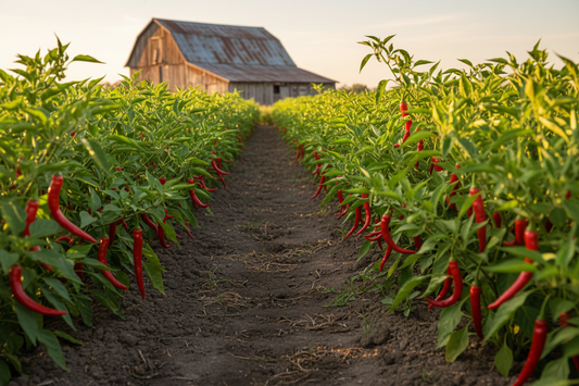 Cayenne Long Slim Pepper farm field with rustic barn in the background