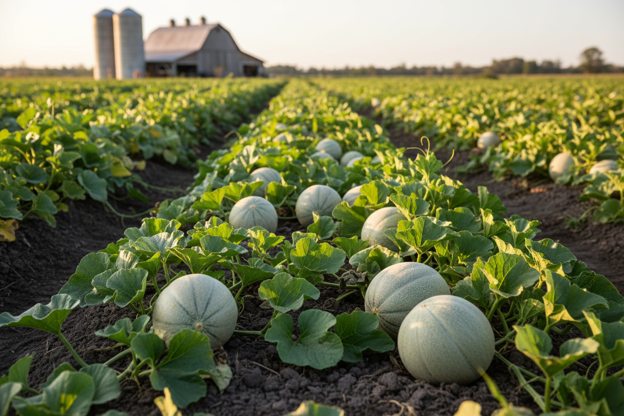 Charentais Melon farm field with rustic barn in the background