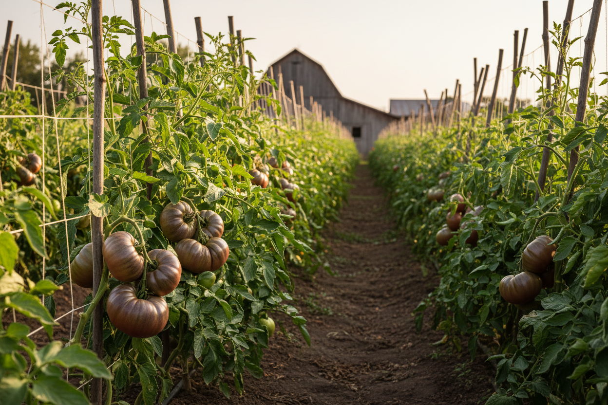 Cherokee Purple Tomato farm field with rustic barn in the background