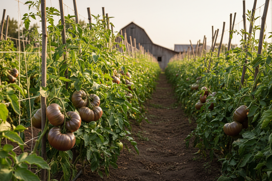 Cherokee Purple Tomato farm field with rustic barn in the background