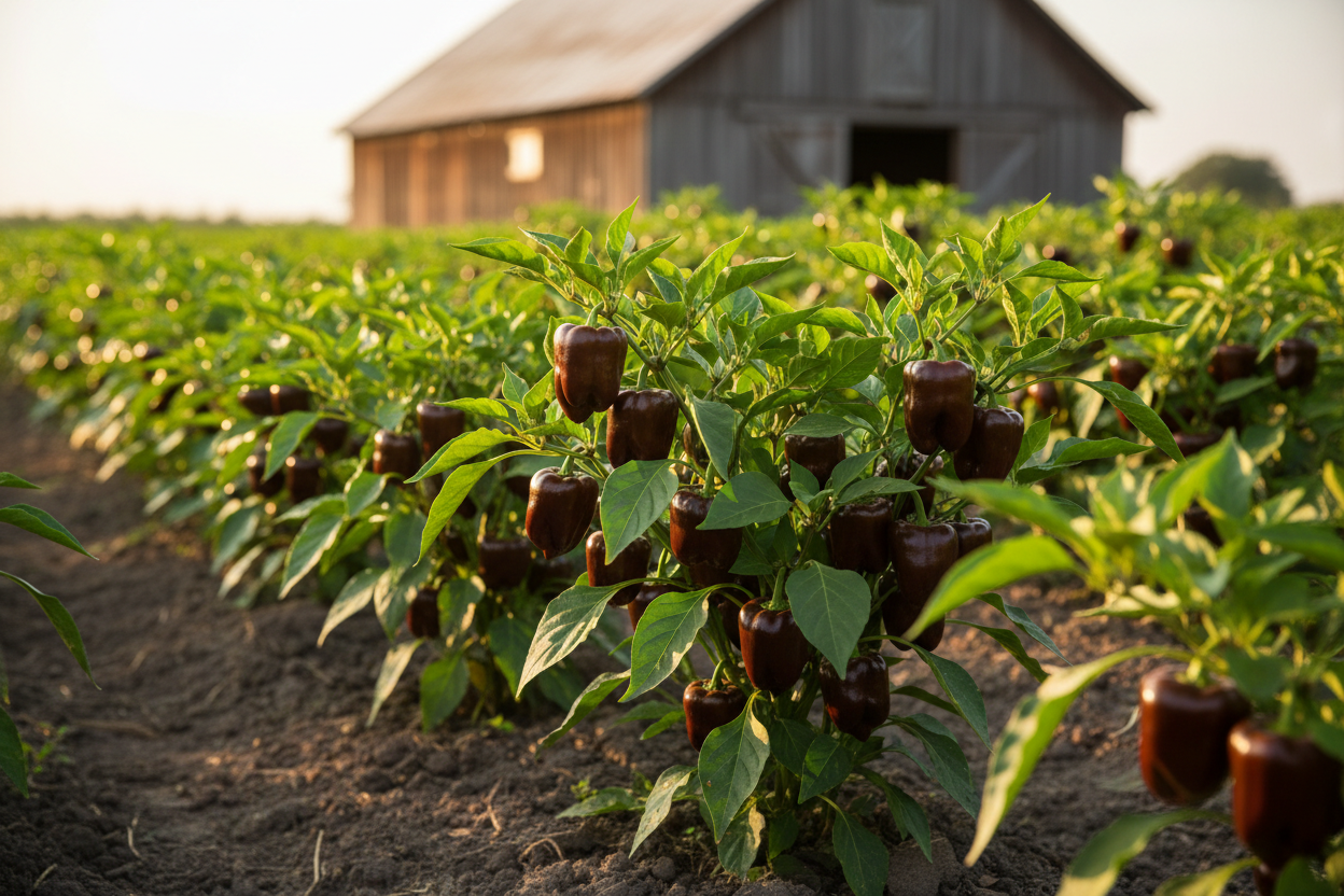 Chocolate Habanero farm field with rustic barn in the background