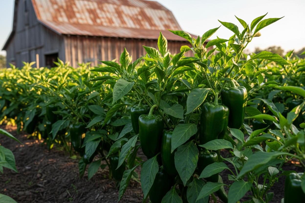 Craig's Grande Jalapeno Pepper farm field with rustic barn in the background
