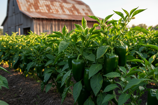 Craig's Grande Jalapeno Pepper farm field with rustic barn in the background