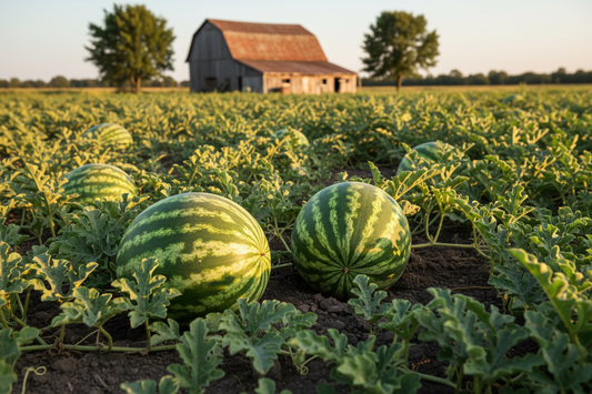Crimson Sweet Watermelon farm field with rustic barn in the background