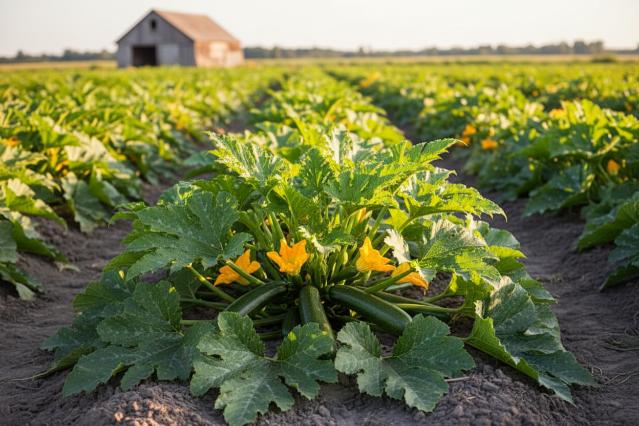 Dark Green Zucchini farm field with rustic barn in the background
