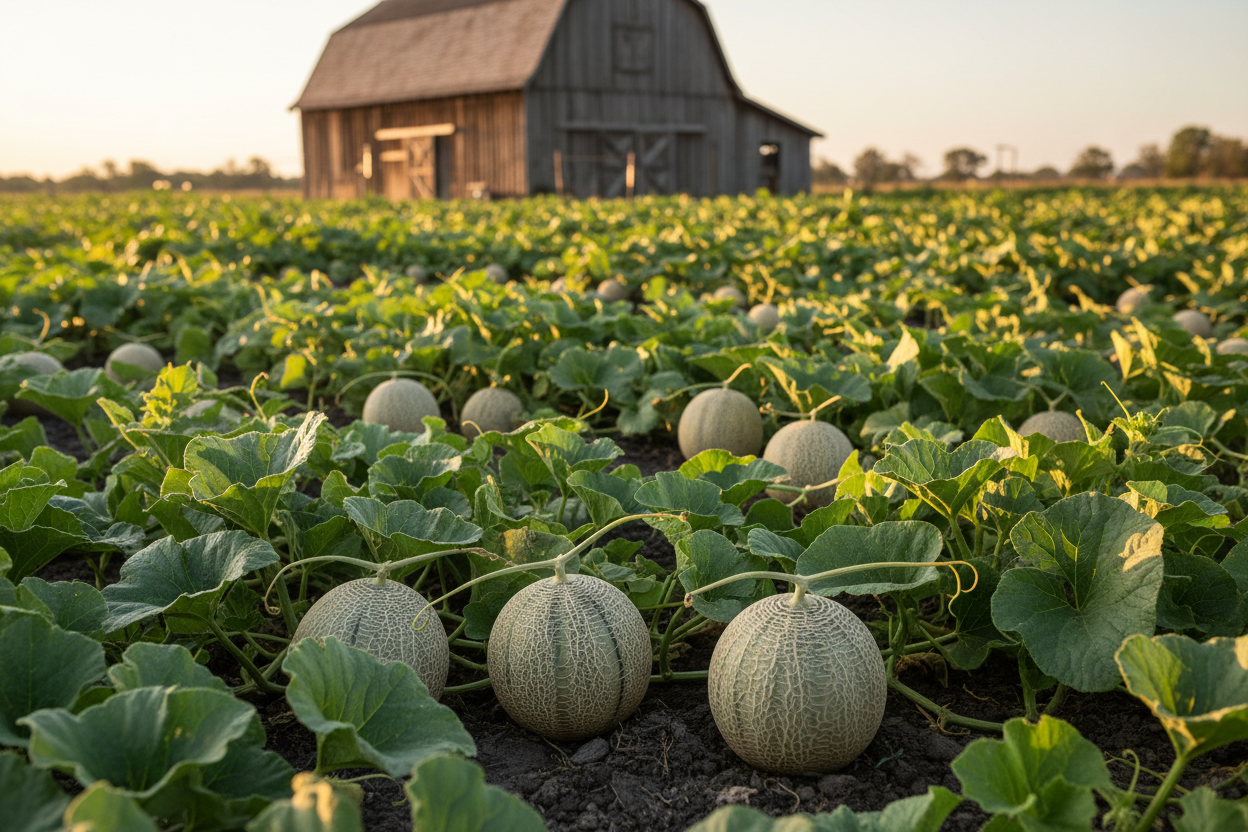 Delicious 51 Melon farm field with rustic barn in the background
