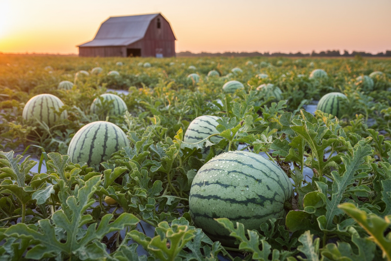 Dixie Queen Watermelon farm field with rustic barn in the background