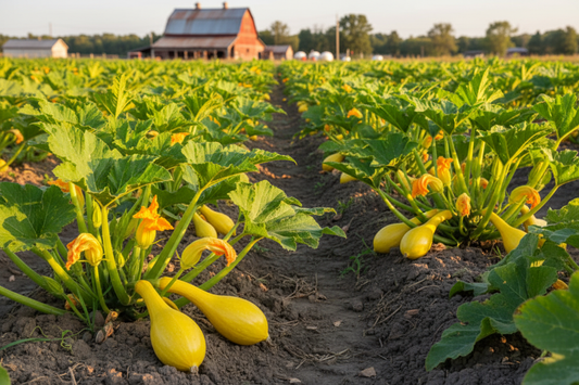 Early Crookneck Summer Squash farm field with rustic barn in the background