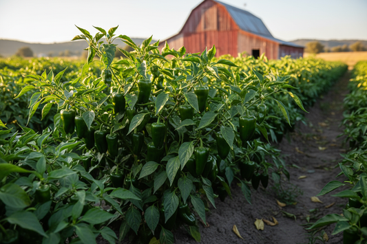 Early Jalapeno Pepper farm field with rustic barn in the background