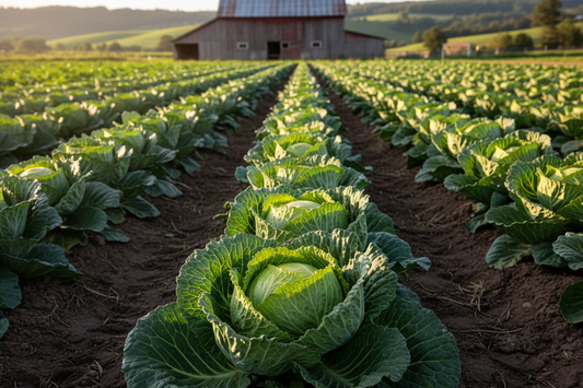 Early Round Dutch Cabbage farm field with rustic barn in the background