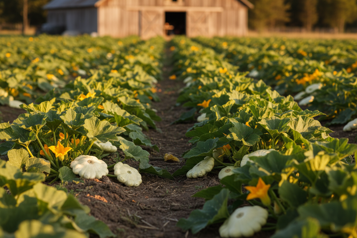 Early White Bush Scallop Squash farm field with rustic barn in the background