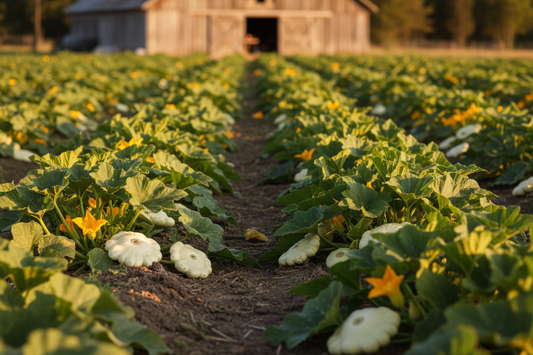 Early White Bush Scallop Squash farm field with rustic barn in the background