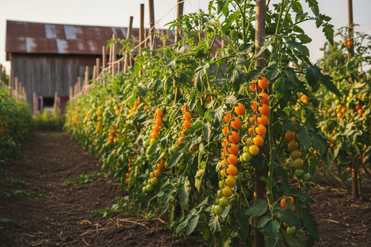 Galina's Cherry Yellow Tomato farm field with rustic barn in the background