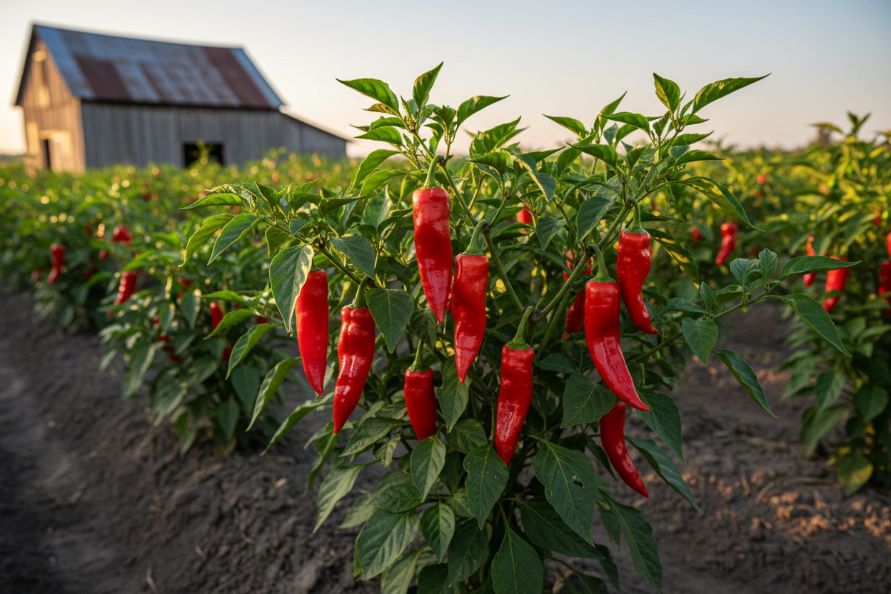 Ghost Bhut Jolokia Red Pepper farm field with rustic barn in the background