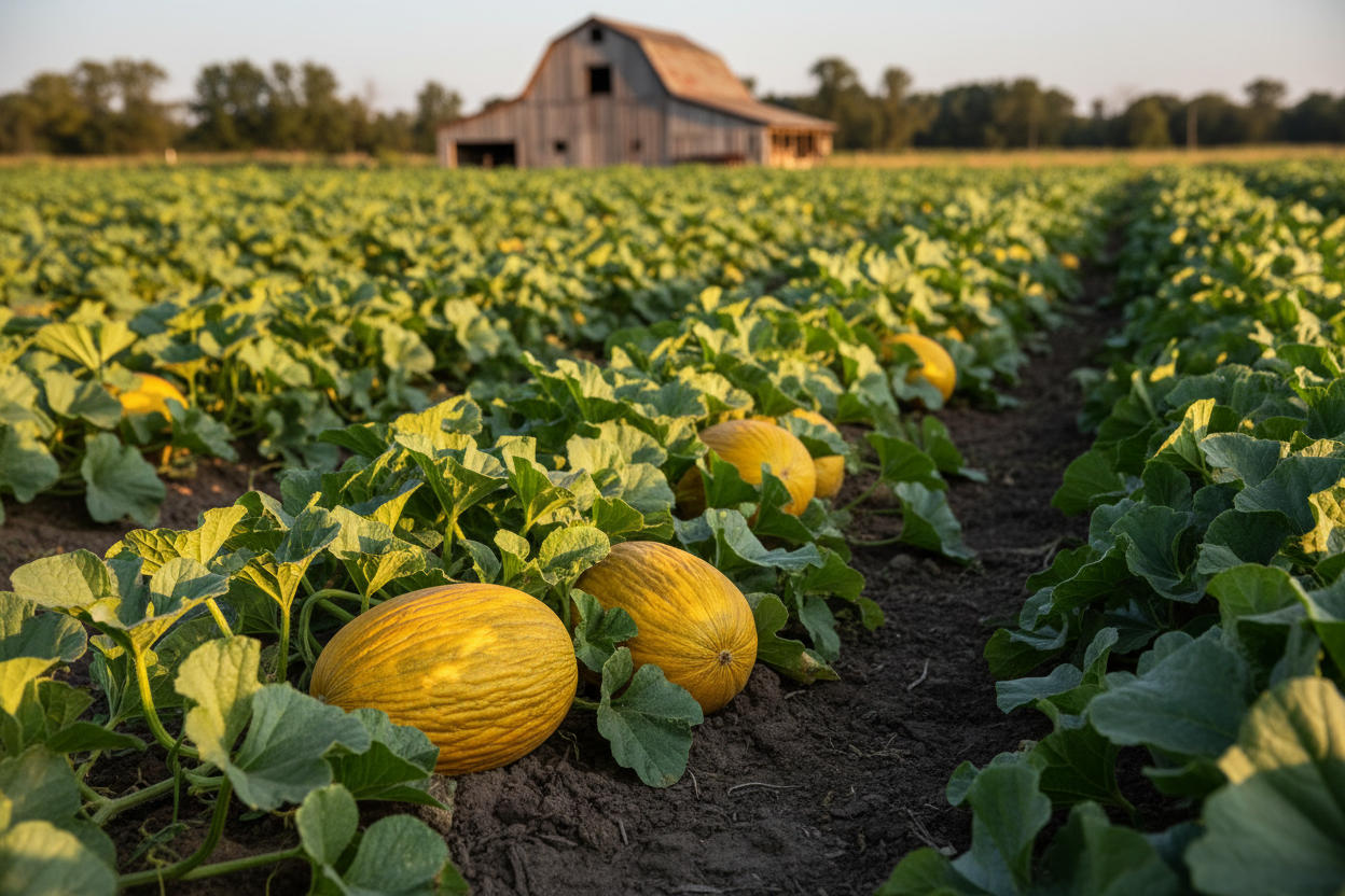 Golden Beauty Casaba Melon farm field with rustic barn in the background