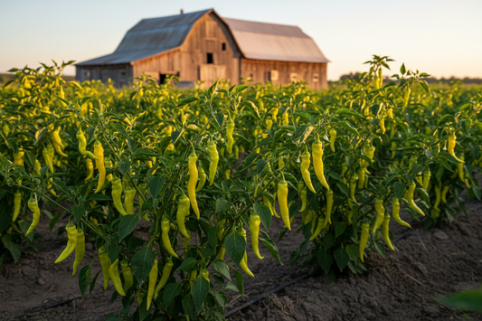 Golden Greek Pepperoncini Pepper farm field with rustic barn in the background