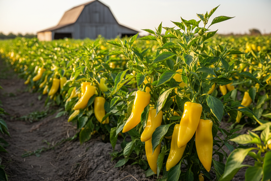 Golden Marconi Pepper farm field with rustic barn in the background