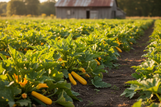 Golden Zucchini Summer Squash farm field with rustic barn in the background