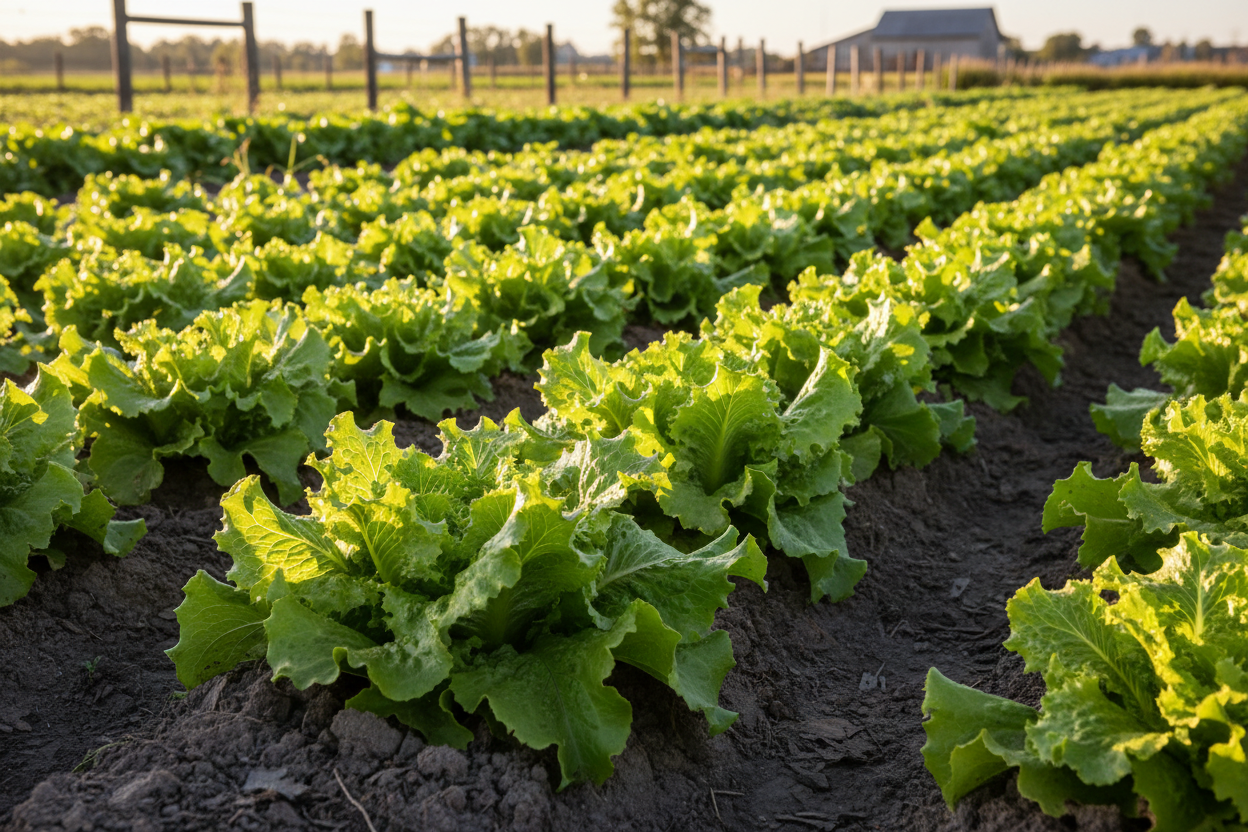 Grand Rapids Leaf Lettuce farm field with rustic barn in the background