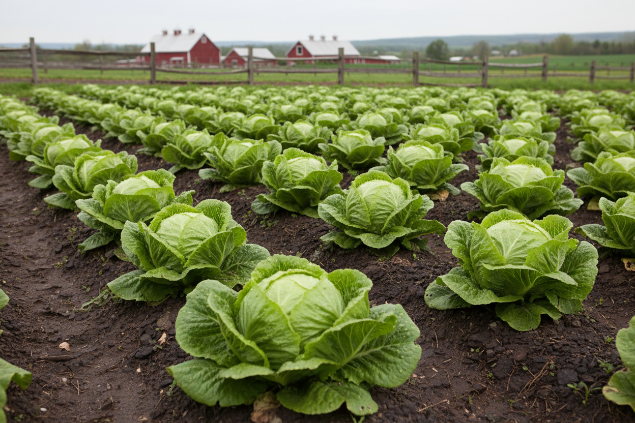 Great Lakes 659 Lettuce farm field with rustic barn in the background