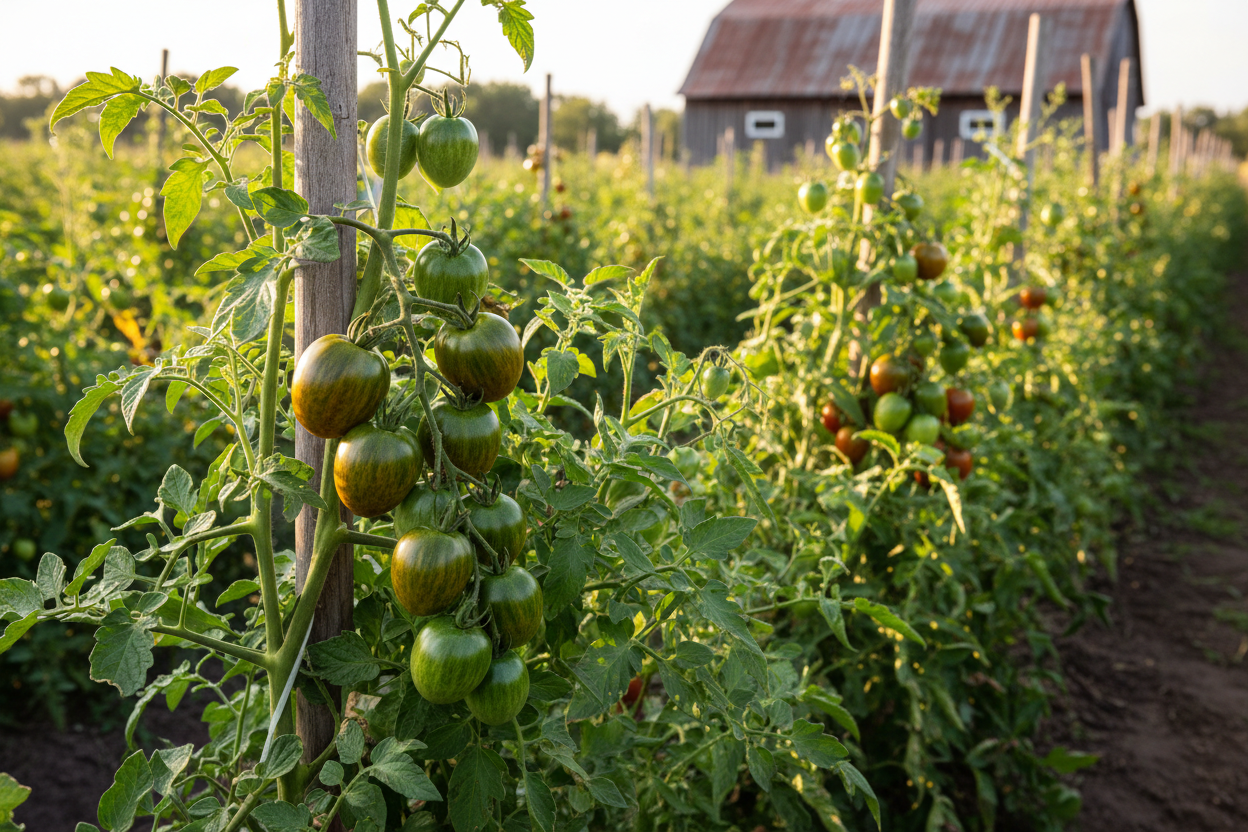 Green Bumble Bee Cherry Tomato farm field with rustic barn in the background