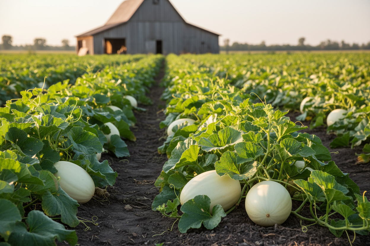 Green Flesh Honeydew Melon Green farm field with rustic barn in the background