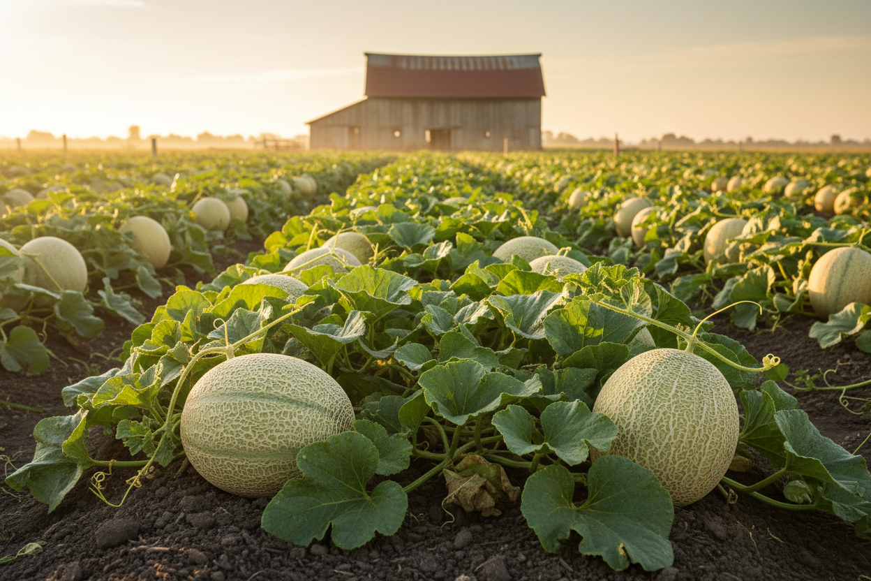 Hale's Best Jumbo Cantaloupe farm field with rustic barn in the background