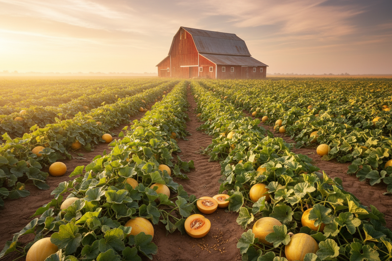 Hearts of Gold Melon farm field with rustic barn in the background