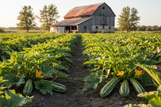 Italian Cocozelle Zucchini farm field with rustic barn in the background