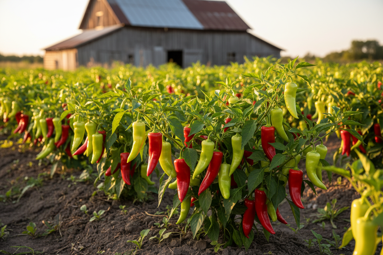 Italian Pepperoncini Pepper farm field with rustic barn in the background