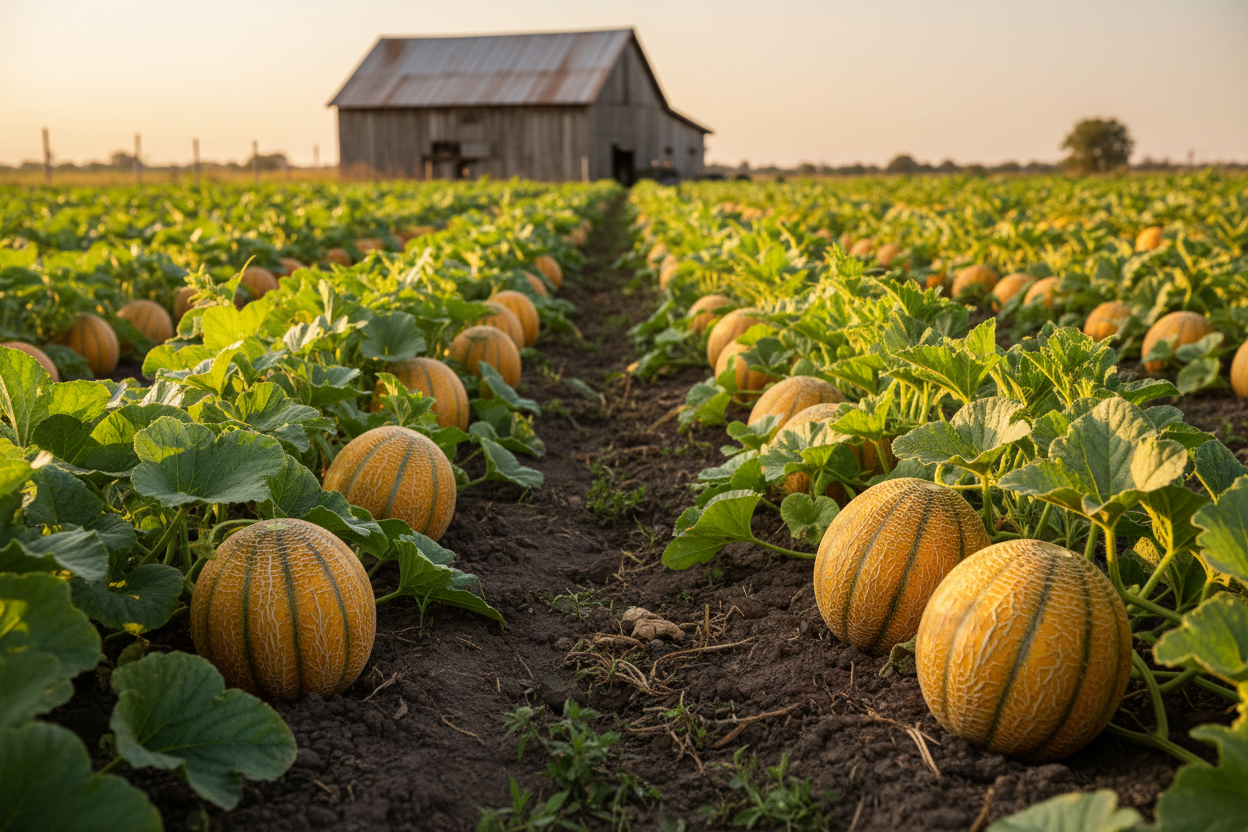 Italian Tuscany Melon farm field with rustic barn in the background