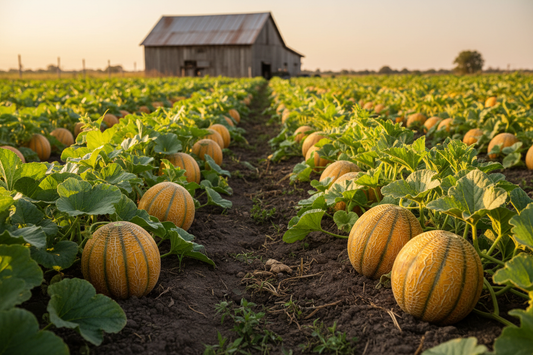 Italian Tuscany Melon farm field with rustic barn in the background