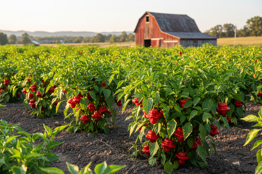 Jamaican Red Scotch Bonnet farm field with rustic barn in the background