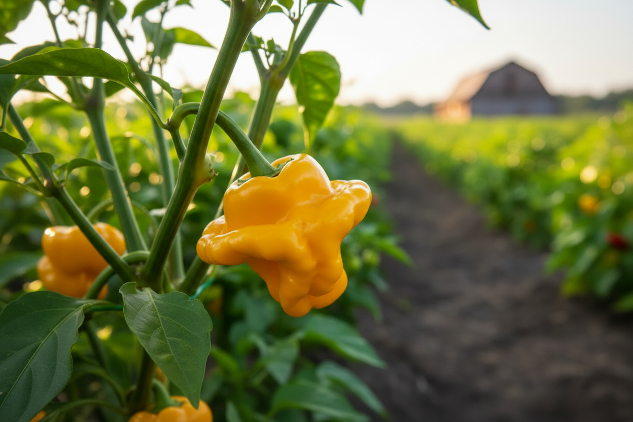 Jamaican Yellow Scotch Bonnet farm field with rustic barn in the background