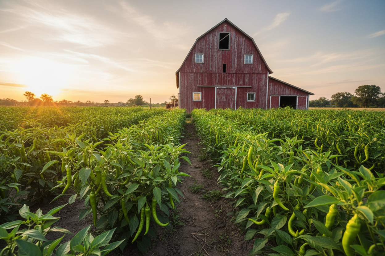 Japanese Fushimi Pepper farm field with rustic barn in the background