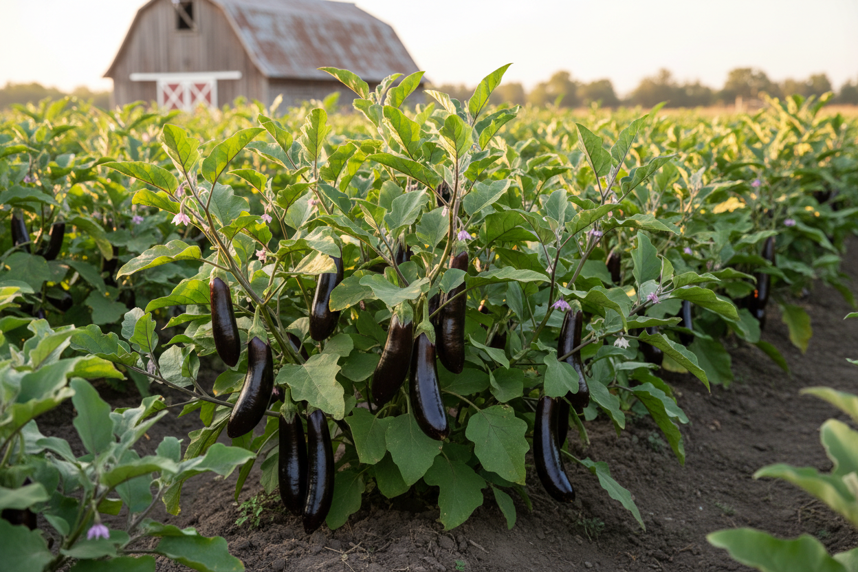Long Purple Eggplant Growing on the Plant