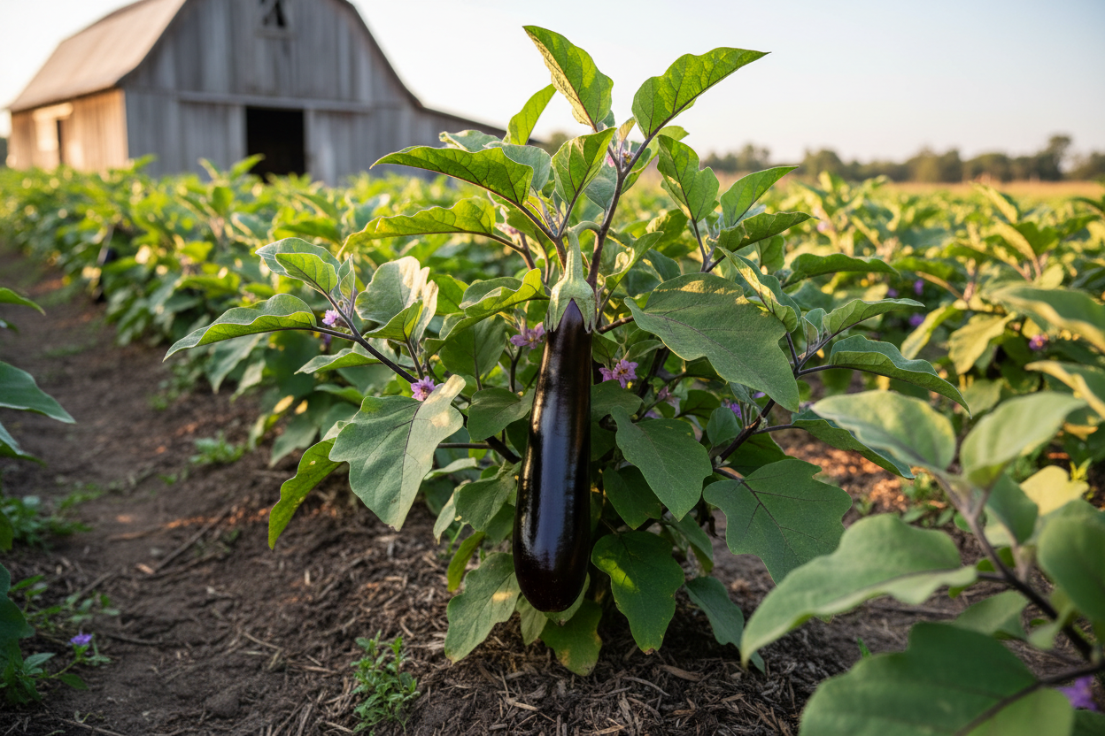 Long Purple Eggplant farm field with rustic barn in the background