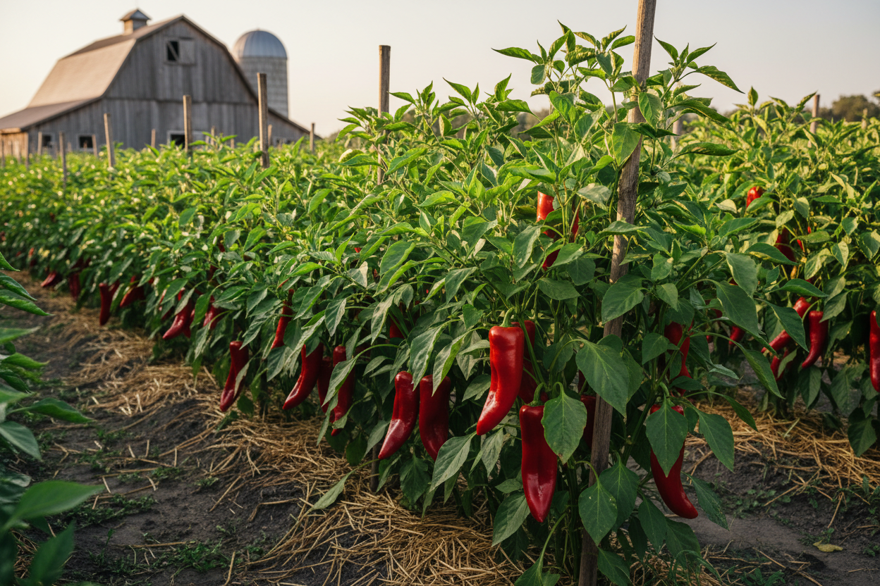 Marconi Red Pepper farm field with rustic barn in the background
